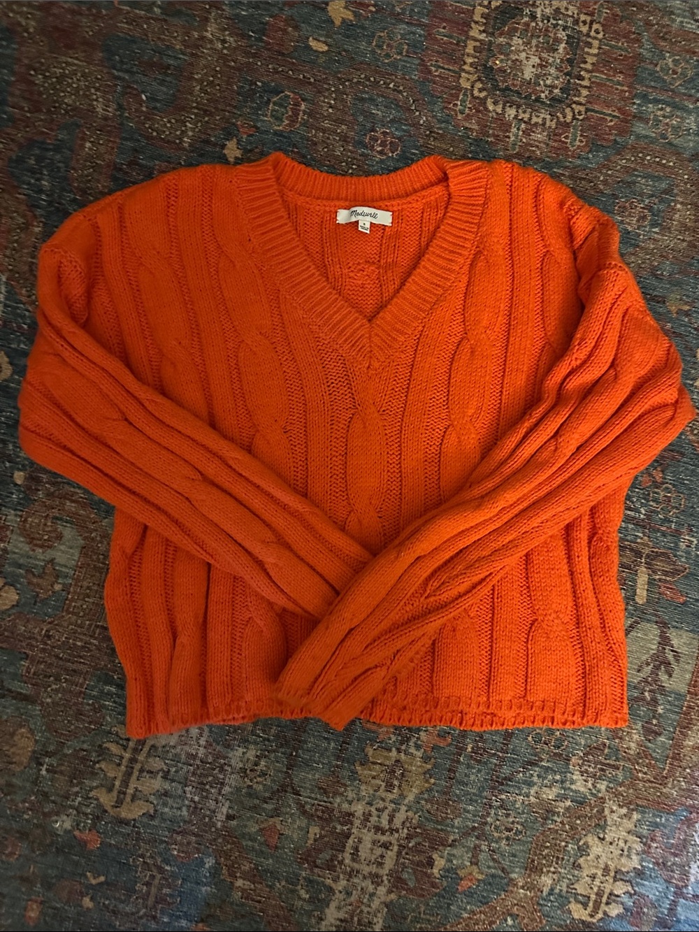Madewell Red-Orange Cable Knit V-Neck Sweater